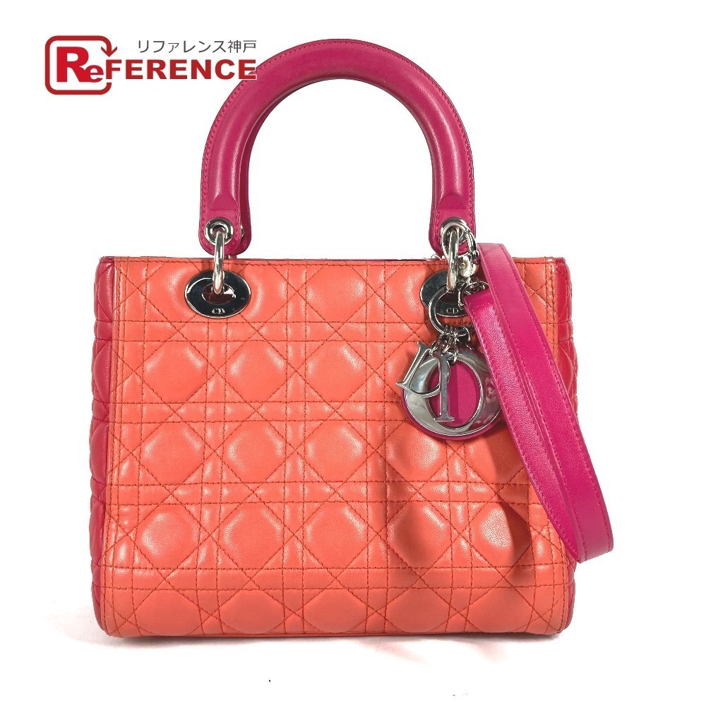 Dior Lady Tricolor Tote Bag Shoulder Handbag Lambskin Pink